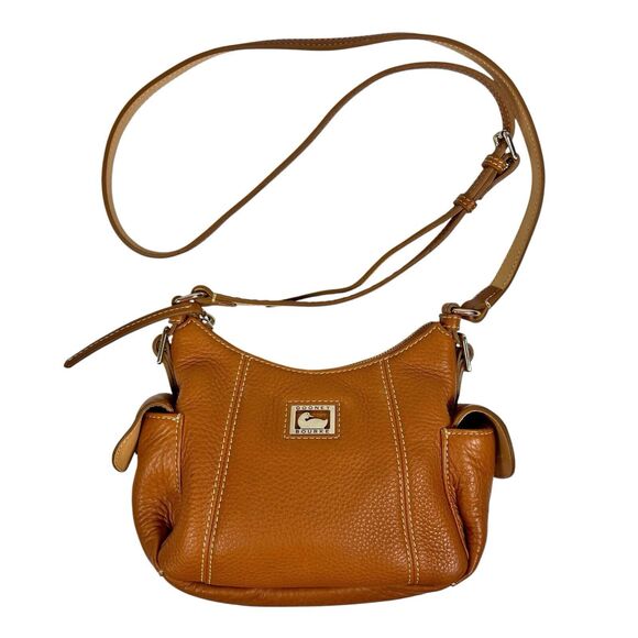 Vintage Dooney & Bourke Cognac Pebbled Leather Pocket Hobo Crossbody Bag 9” x 7” - Picture 1 of 13